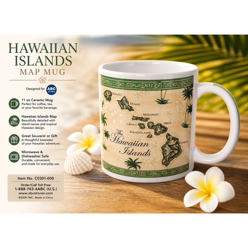 ABC Stores Hawaiian Islands Map Coffee Mug 2009 Souvenir Tropical Palm‎ Tree Grn